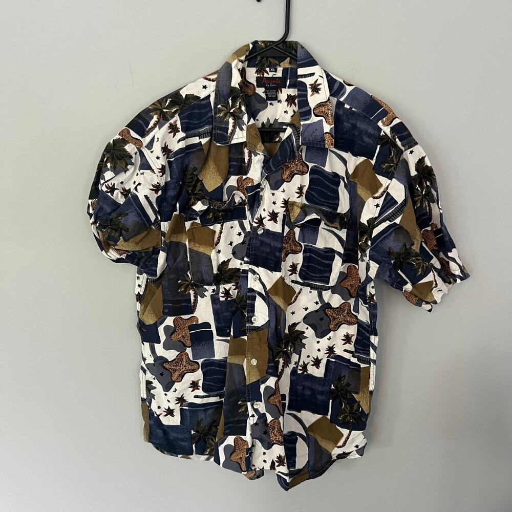 Vintage Accents Button Down Shirt Men's Size XL Tropical Print White Blue Brown